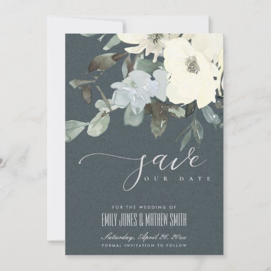 GRAY IVORY WHITE AQUA FLORAL WATERVERF BUNCH SAVE THE DATE (Voorkant)