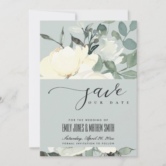 GRAY IVORY WHITE AQUA FLORAL WATERVERF BUNCH SAVE THE DATE (Voorkant)