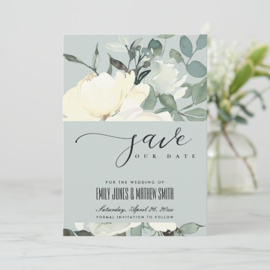 GRAY IVORY WHITE AQUA FLORAL WATERVERF BUNCH SAVE THE DATE (Staand voorkant)