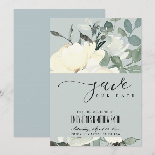 GRAY IVORY WHITE AQUA FLORAL WATERVERF BUNCH SAVE THE DATE (Voorkant / Achterkant)