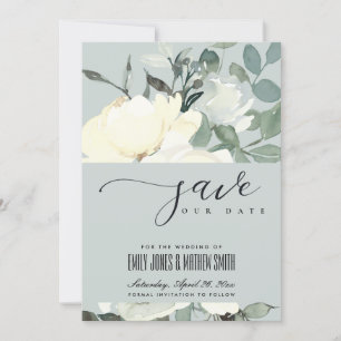 GRAY IVORY WHITE AQUA FLORAL WATERVERF BUNCH SAVE THE DATE