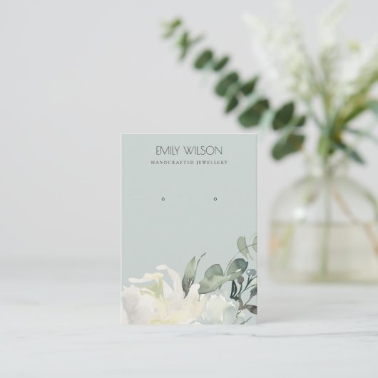 GRAY IVORY WHITE FLORAL BUNCH EARRING DISPLAY VISITEKAARTJE (Staand voorkant)