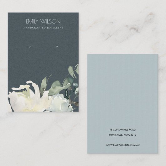 GRAY IVORY WHITE FLORAL BUNCH EARRING DISPLAY VISITEKAARTJE (Voorkant / Achterkant)