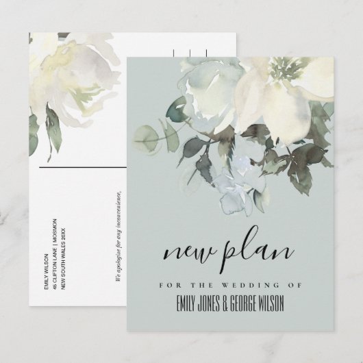 GRAY IVORY WHITE FLORAL BUNCH WEDING NEW PLAN AANKONDIGINGSKAART (Voorkant / Achterkant)