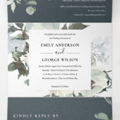 GRAY IVORY WHITE FLORAL WATERVERF BUNCH WEDING DRIELUIK UITNODIGING (Binnenkant midden)