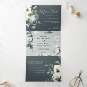 GRAY IVORY WHITE FLORAL WATERVERF BUNCH WEDING DRIELUIK UITNODIGING