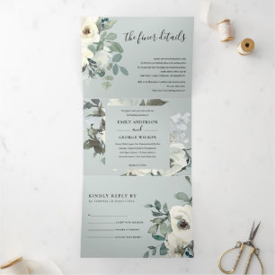 GRAY IVORY WHITE FLORAL WATERVERF BUNCH WEDING DRIELUIK UITNODIGING