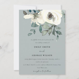GRAY IVORY WHITE FLORAL WATERVERF BUNCH WEDING KAART