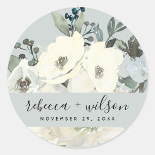 GRAY IVORY WHITE FLORAL WATERVERF BUNCH WEDING RONDE STICKER