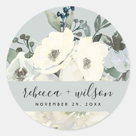 GRAY IVORY WHITE FLORAL WATERVERF BUNCH WEDING RONDE STICKER (Voorkant)