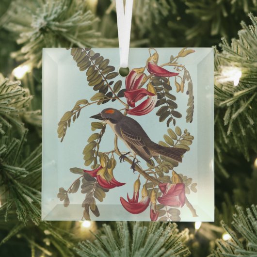 Gray Kingbird Audubon Bird on Flowering Tree Glas Ornament (Insitu)