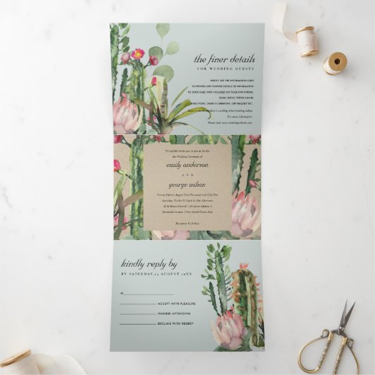GRAY KRAFT FLORAL CACTI FOLIAGE WATERVERF WEDDING DRIELUIK UITNODIGING (Binnen)