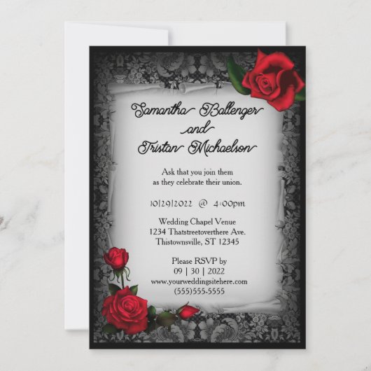 Gray Lace en Rozen Parchment Gothic Wedding Kaart (Voorkant)