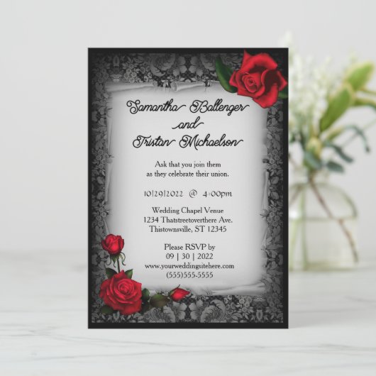 Gray Lace en Rozen Parchment Gothic Wedding Kaart (Staand voorkant)