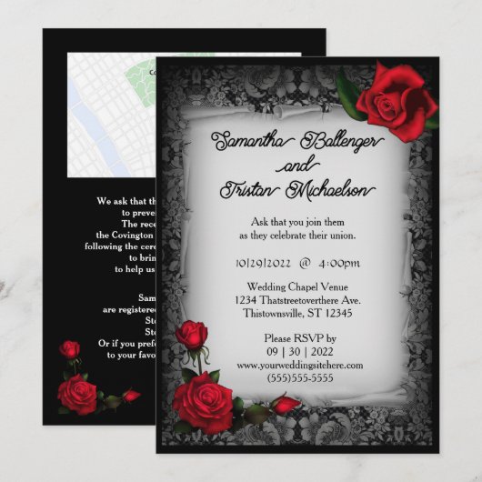 Gray Lace en Rozen Parchment Gothic Wedding Kaart (Voorkant / Achterkant)