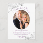 Gray Lace Paars White Wedding Save the Date Photo Aankondigingskaart (Voorkant)