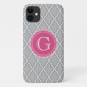 Gray Lattice Floral Pink Monogram Case-Mate iPhone Case