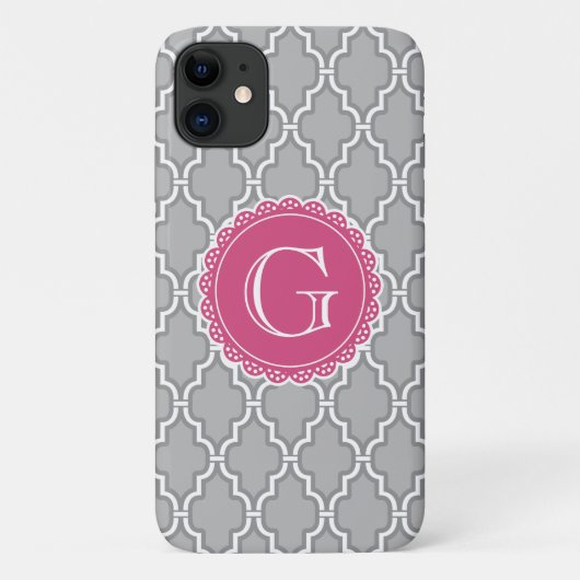 Gray Lattice Floral Pink Monogram Case-Mate iPhone Case (Achterkant)
