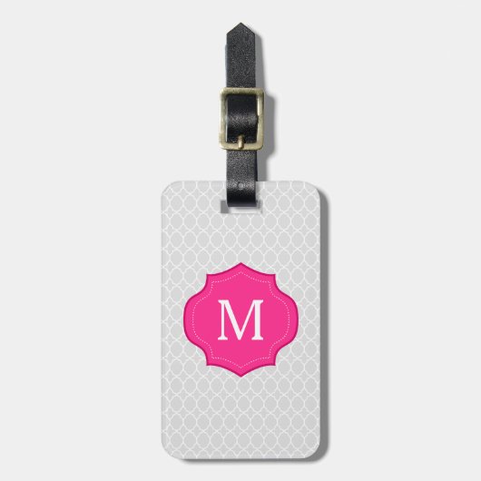 Gray Lattice Pattern Hot Pink Monogram Bagagelabel (Voorkant verticaal)