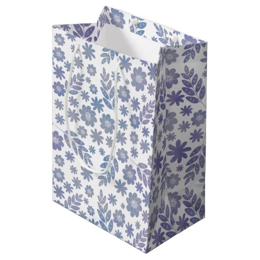 Gray & Lavender Floral Pattern Medium Cadeauzakje (Voorkant Gekanteld)