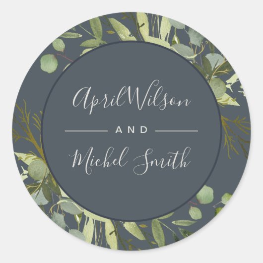 GRAY LEAFY GREEN GOLD FOLIAGE WATERVERF WEDDING RONDE STICKER (Voorkant)