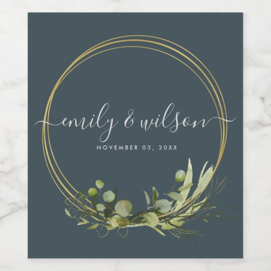 GRAY LEAFY GREEN GOLD FOLIAGE WATERVERF WEDDING WIJN ETIKET (Enkel label)