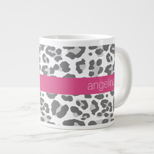 Gray Leopard Print Pattern met Roze naam Grote Koffiekop (Voorkant rechts)