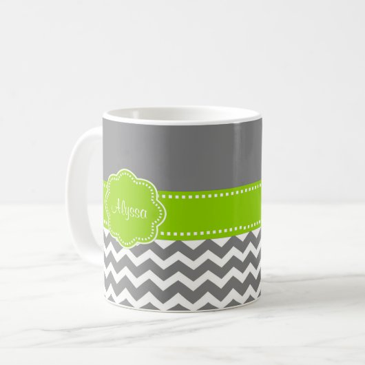 Gray Lime Green Chevron Persoonlijk Koffiemok (Voorkant links)