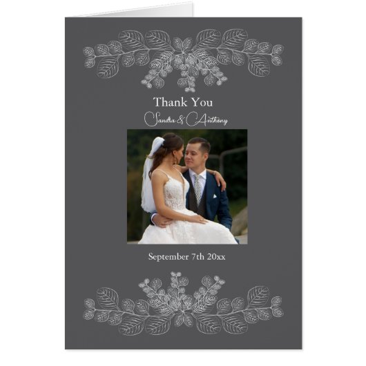  Gray Line Art Eucalyptus Photo Wedding Thank You (Voorkant)