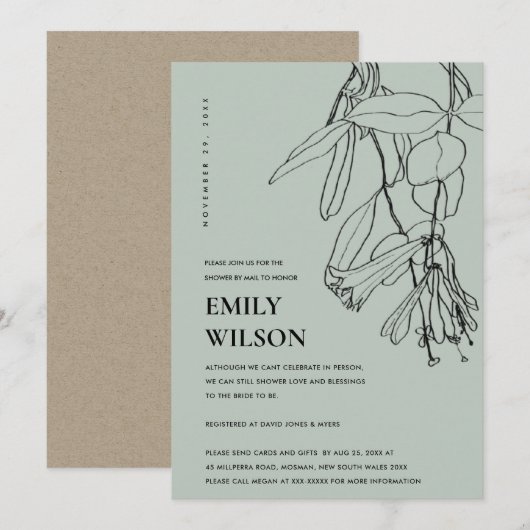 GRAY LINE DRAWING FLORAL SHOWER BY MAIL INVITE BEDANKKAART (Voorkant / Achterkant)