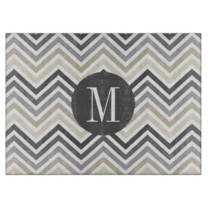 Gray & Linen Beige Chevron Pattern met monogram Snijplank