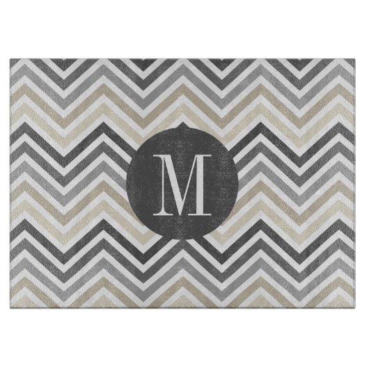 Gray & Linen Beige Chevron Pattern met monogram Snijplank (Voorkant)