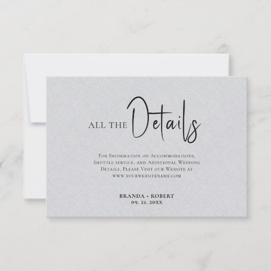 Gray Linen Simple Black Script Weddenschap Details Kaart (Voorkant)