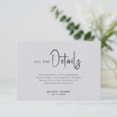 Gray Linen Simple Black Script Weddenschap Details Kaart (Staand voorkant)