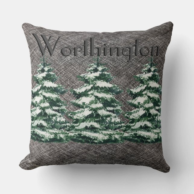Gray Linen Snowy Evergreen Trees Name Sierkussen (Voorkant)