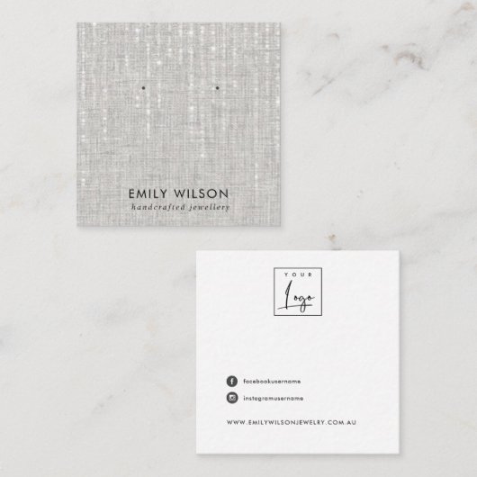 GRAY LINEN STRING LIGHTS STUD EARRING DISPLAY VIERKANTE VISITEKAARTJE (Voorkant / Achterkant)