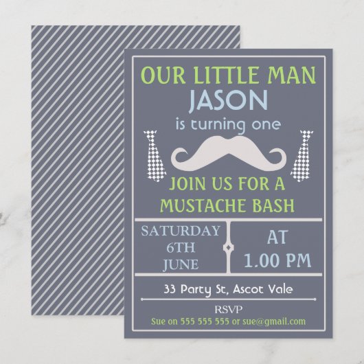 Gray Little Gentleman Mustache Birthday Uitnodigin Kaart (Voorkant / Achterkant)