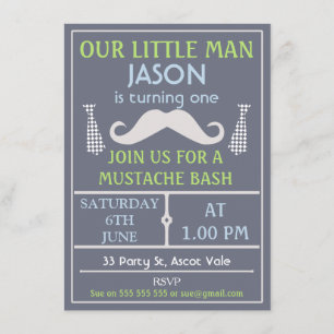 Gray Little Gentleman Mustache Birthday Uitnodigin Kaart