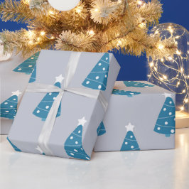GRAY MET BLAUW- EN WITTE CHRISTMAS-BOMEN CADEAUPAPIER