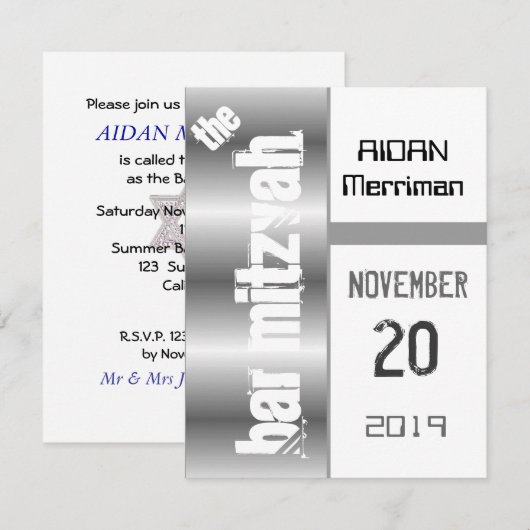 Gray Metallic Bar Mitzvah Kaart (Voorkant / Achterkant)