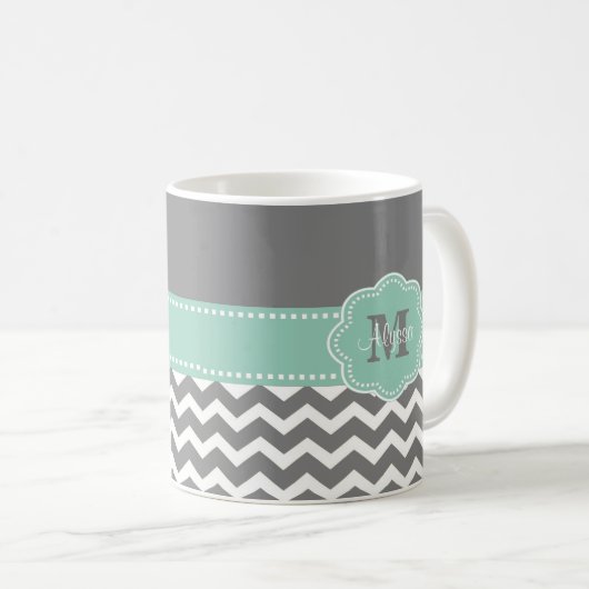 Gray Mint Green Chevron Persoonlijk Koffiemok (Voorkant rechts)