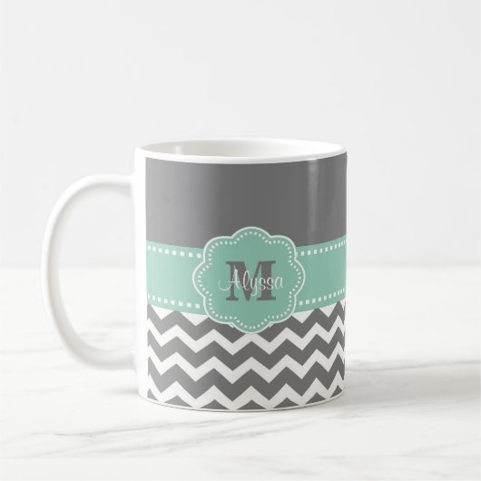 Gray Mint Green Chevron Persoonlijk Koffiemok (Links)