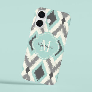 Gray & Mint Tribal Ikat Chevron Monogram iPhone 16 Hoesje