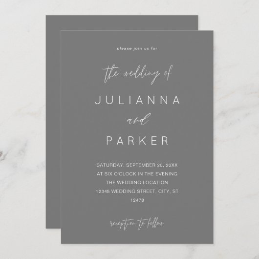 Gray MOD Calligraphy Wedding Invitation Kaart (Voorkant / Achterkant)