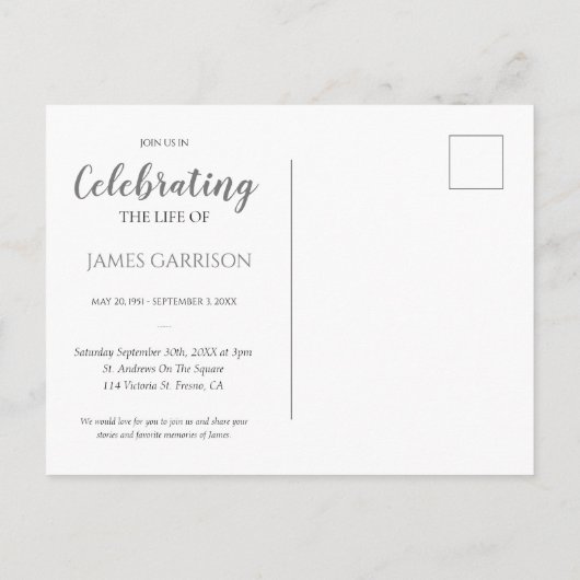 Gray Modern Celebration of Life with Photo Funeral Briefkaart (Achterkant)