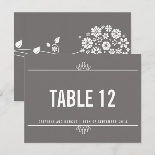 Gray Modern Floral Wedding Table Number Briefkaart (Voorkant / Achterkant)