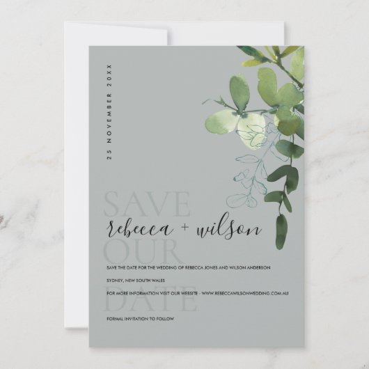 GRAY MODERN GREEN EUCALYPTUS FOLIAGE WATERVERF SAVE THE DATE (Voorkant)