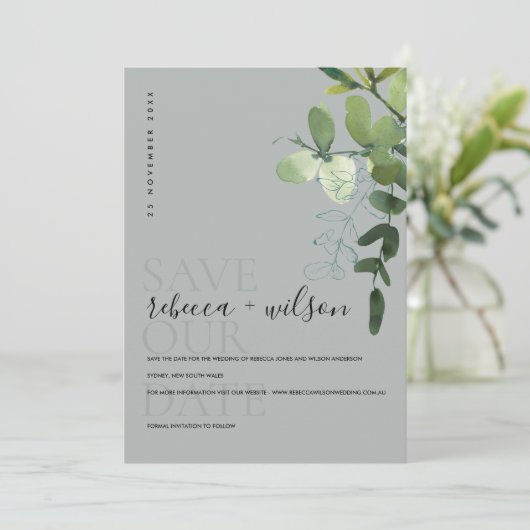 GRAY MODERN GREEN EUCALYPTUS FOLIAGE WATERVERF SAVE THE DATE (Staand voorkant)