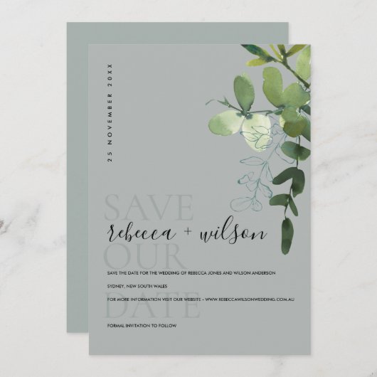 GRAY MODERN GREEN EUCALYPTUS FOLIAGE WATERVERF SAVE THE DATE (Voorkant / Achterkant)
