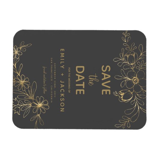 Gray Modern Save the Date Floral Gold Foil Magneet (Horizontaal)